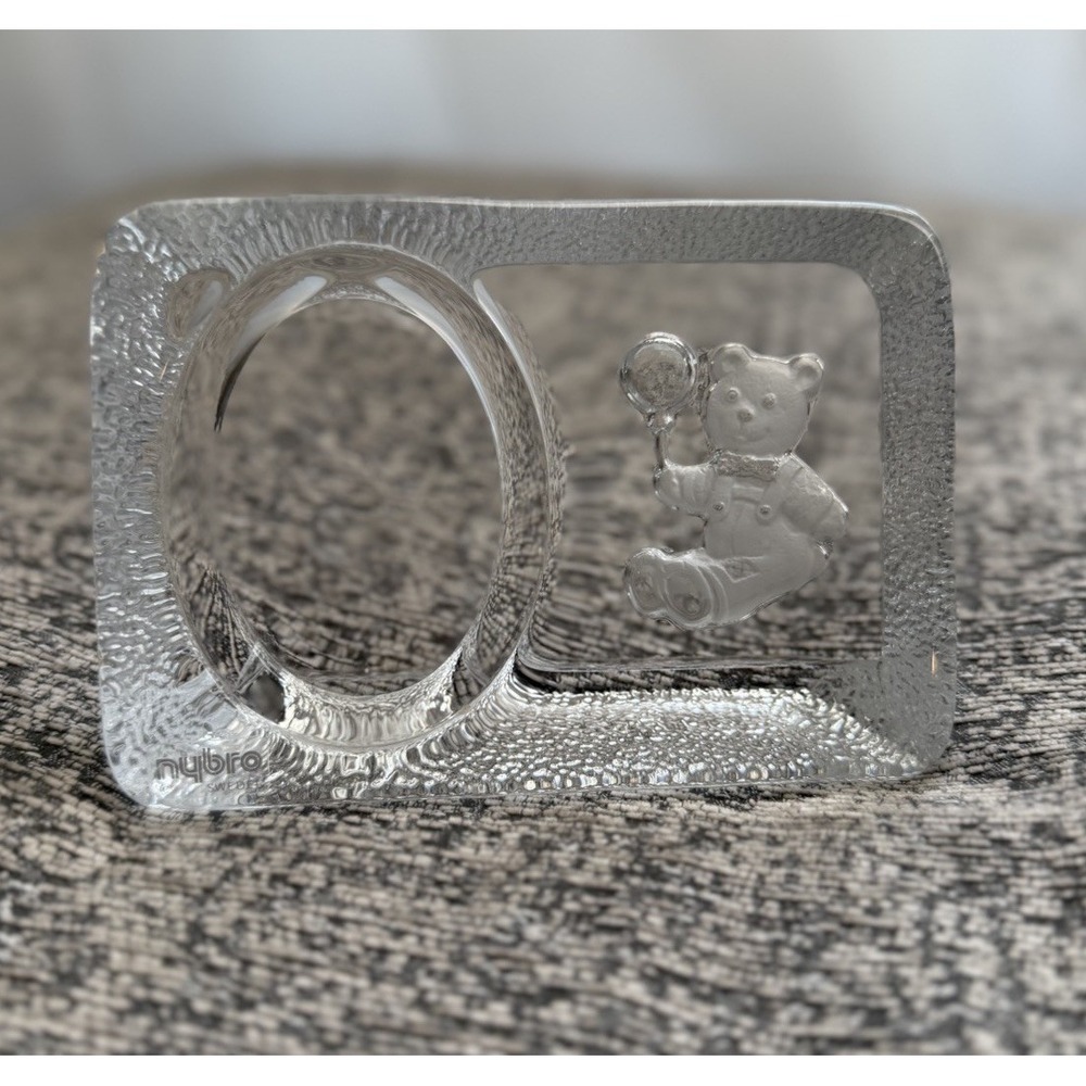 Nybro Sweden Glass Teddy Bear Photo Frame Vintage Scandinavian 6" Paperweight